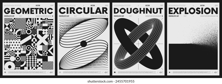 Modern abstract poster collection, vector minimalist posters with geometric shapes in black and white, brutalist style inspired graphics, bold aesthetic, shape distortion effect set 8