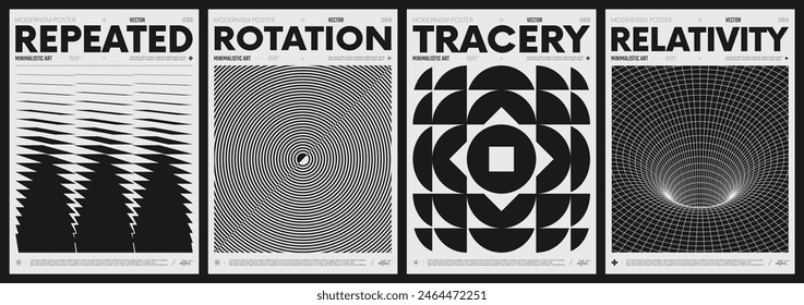 Modern abstract poster collection, vector minimalist posters with geometric shapes in black and white, brutalist style inspired graphics, bold aesthetic, shape distortion effect set 9