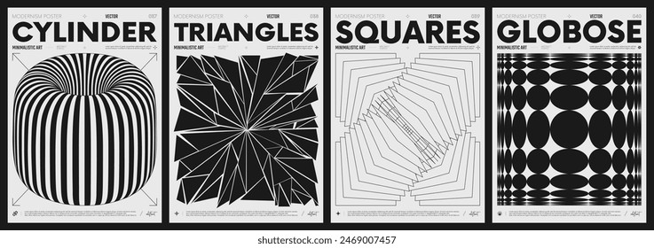 Modern abstract poster collection, vector minimalist posters with geometric shapes in black and white, brutalist style inspired graphics, bold aesthetic, shape distortion effect set 10