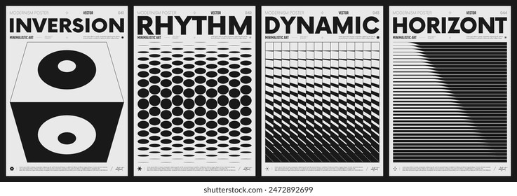 Modern abstract poster collection, vector minimalist posters with geometric shapes in black and white, brutalist style inspired graphics, bold aesthetic, shape distortion effect set 11