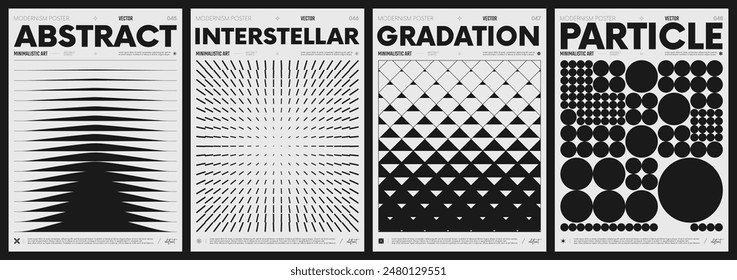 Modern abstract poster collection, vector minimalist posters with geometric shapes in black and white, brutalist style inspired graphics, bold aesthetic, shape distortion effect set 12