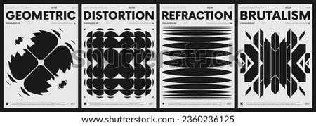 Modern abstract poster collection, vector minimalist posters with geometric shapes in black and white, brutalist style inspired graphics, bold aesthetic, shape distortion effect