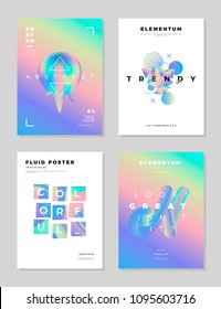 Modern abstract poster cover design template. Trendy fluid holographic effect shapes composition for flyers, banners, brochures and reports.