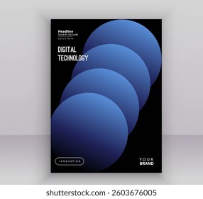 A modern abstract poster design featuring overlapping blue gradient spheres on a black background, futuristic and minimalistic cover is ideal for technology, innovation, and digital themes
