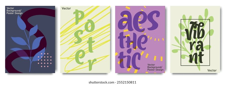 Modern abstract poster designs with bold typography and vibrant colors, showcasing creative layouts and artistic elements. Design for celebration, ads, branding, banner, cover, label, poster