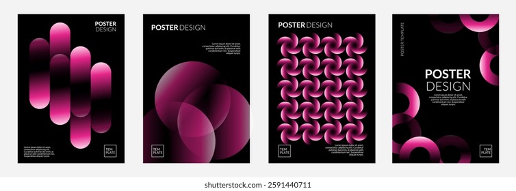 Modern Abstract Poster Designs: A collection of four sleek, modern poster designs, showcasing abstract forms in vibrant pink against a stark black backdrop, offering a blend of graphic sophistication