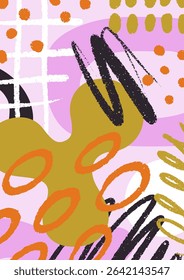 Cartaz abstrato moderno, design estilo doodle. Scribble padrão funky, fundo de carta com pinceladas coloridas, formas orgânicas aleatórias divertidas, caos desenhado à mão, textura. Ilustração de vetor plano