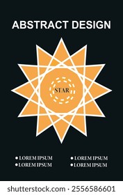 Modern abstract poster featuring an orange star-like geometric design with white accents on a black background, emphasizing symmetry and boldness