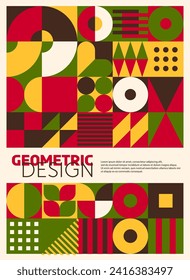 Modern abstract poster with geometric bauhaus pattern in red, green, yellow, brown and white palette. Vector avant-garde composition with bold shapes and elements create a visually compelling design