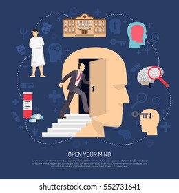 Modern Abstract Poster With Human Profile Icons Symbolizing Psychologist Support And Slogan Open Your Mind Flat Vector Illustration