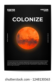 Modern abstract poster. Mars colonization. Low poly bright sphere. Glowing planet. Vector, isolated, eps 10.