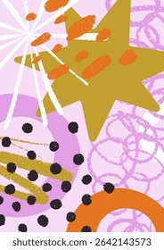 Cartaz moderno abstrato com rabiscos brincalhões, pinceladas, rabiscos desenhados à mão. Projeto de fundo de cartão com desenhos de linha de estilo funky, manchas, estrela, textura dinâmica, padrão. Ilustração de vetor plano