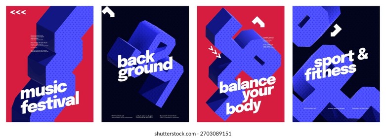 Conjunto de póster moderno y Abstractas con Formas geométricas en 3D. Portada minimalista, volante o póster Plantilla para el deporte, festival, música u otro evento