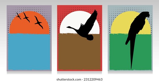 Modern abstract poster set. Bird silhouette on colorful shapes. Design for wallpaper, background, wall decoration, summer cover. Illustration of minimalist art. SSTKabstract