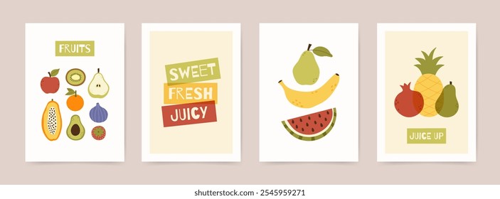 Modern abstract poster set with fruits, berries and geometric lettering phrase. Minimal composition. Overlay effect