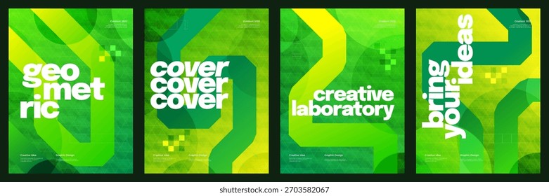 Conjunto de póster moderno y Abstractas con Formas geométricas en degradado verde. Plantilla de portada, volante o póster para deportes, festivales, conferencias tecnológicas u otros eventos