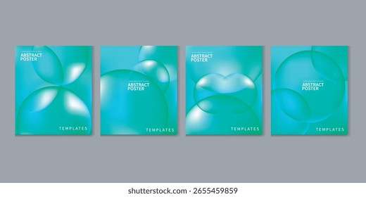 Cartaz abstrato moderno definido com gradientes de azul-petróleo brilhante e formas de bolhas suaves 3D. Ideal para marcas de tecnologia, design digital, promoção de produtos e visuais criativos.