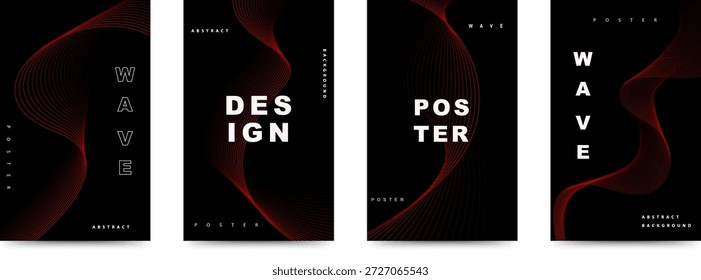 Conjunto de pósters abstractos modernos con Elementos de ondas de gradiente rojo sobre un fondo oscuro, estilo atrevido y dinámico perfecto para la marca, pósters e identidad visual creativa.