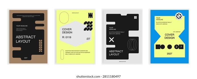 Modern abstract poster template collection with bold geometric shapes, minimalist typography, and contemporary editorial layouts. Editable vector design for branding, print, and digital media.