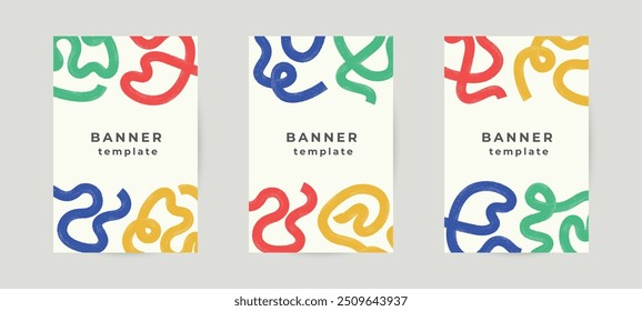 Modern abstract posters with bold squiggle brush lines. Grunge style color elements.