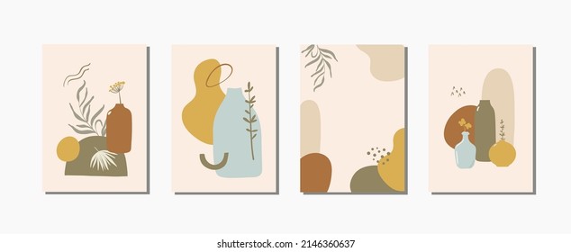 Modern abstract posters and cards set with abstract shapes, leaves and elements. Modern contemporary backgrounds for flyer, cards, banner design.