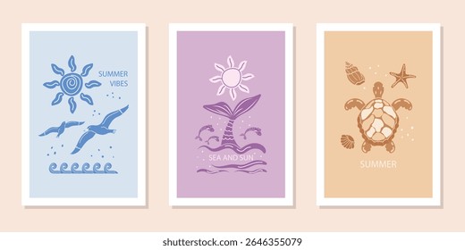  Modern abstract posters with the concept of summer and the beach with hand-drawn seagulls, fish, sea turtle, sun, shells and waves. Vector design.