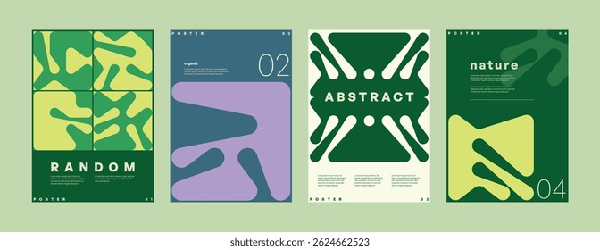 Modern abstract posters featuring geometric vector shapes and text. Organic design in green tones, blending minimalism with a natural aesthetic.