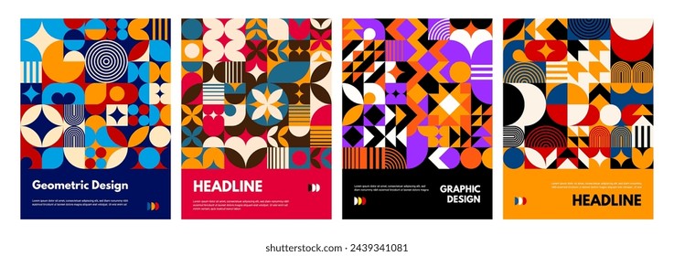 Modern abstract posters with geometric pattern of color graphic shapes. Minimalist art circles, squares, triangles and curved lines mosaic compositions, abstract geometric banners templates set