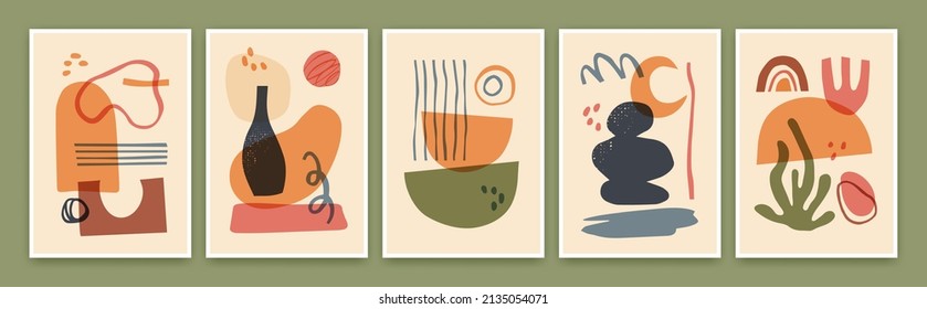 Modern abstract posters with hand drawn shapes and organic forms. Trendy minimalist poster for interior wall decoration, contemporary card vector illustration set