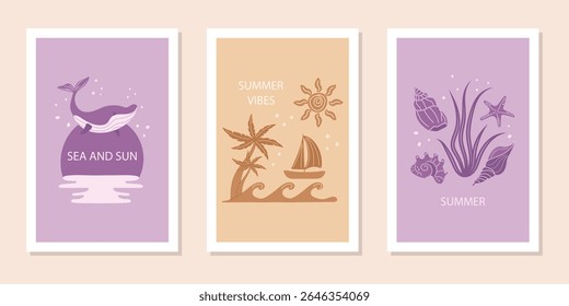  Modern abstract posters on the theme of summer and the beach with palm trees, sailboat, whale, seashells and waves. Vector design.