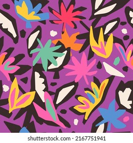 Modern abstract print with botanical shapes. Floral seamless pattern. Colorful groovy vector background. Stylized tropical flowers and leaves