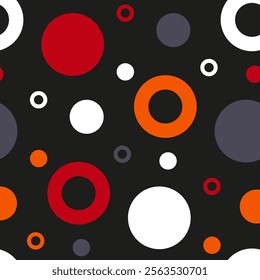 Modern abstract print of circles, dots, loops for fabrics, jackets, outerwear, bags. Innovative design polka dot. Repeat pattern for wallpaper, backdrops, photos. Red, orange, white circles on black.