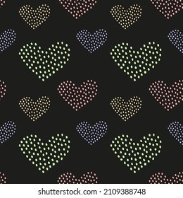 Modern abstract print with hearts for Valentine's day  stationery covers on black background. Handwritten heart shaped seamless pattern of spotted polka dot texture. Contrasting romantic ornament.
