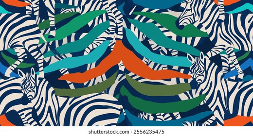 Modern abstract print with zebras. Dramatic bohemian style contemporary seamless pattern. Hand drawn unique print.