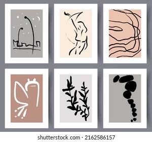Modern abstract printable posters or banners bundle for interior design. Set of abstractionism art wall decorations and designs. Vector illustration. 