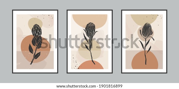 Modern abstract\
protea flower and tropical leaves line art background with\
different shapes for wall decoration, postcard or brochure cover\
design. Vector illustrations\
design.