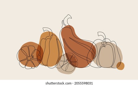 Dibujo moderno de calabaza abstracta. Las calabazas otoñales se dibujan sobre el fondo geométrico. Papel de fondo de pantalla de arte de la línea de las salpicaduras para el estilo boho, humor de otoño, día de gracias, halloween, impresión de cuadernos