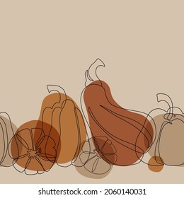 Modern Abstract Pumpkin Drawing Border Seamless Pattern. Autumn Pumpkins Outlines On Geometric Background. Squashes Line Art Wallpaper For Fall Fabric, Textile, Thanksgiving, Halloween, Notebook Print