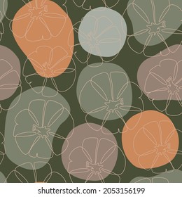 Modern abstract pumpkin drawing seamless pattern. Autumn pumpkins top view on geometric background. Squashes one line art wallpaper for fall fabric, textile, thanksgiving, halloween, notebook prints