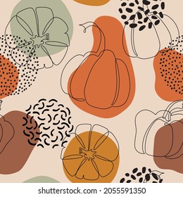 Modern abstract pumpkin drawing seamless pattern. Autumn pumpkins on geometric doodle background. Squashes line art wallpaper for fall fabric, textile, thanksgiving, halloween, minimal notebook prints