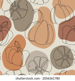 Modern abstract pumpkin drawing seamless pattern. Autumn pumpkins outlines on geometric background. Squashes one line art wallpaper for fall fabric, textile, thanksgiving, halloween, notebook prints