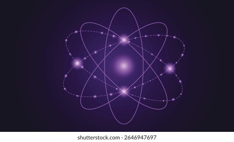 Fundo roxo abstrato moderno com um átomo brilhante com órbitas de elétrons dinâmicas, perfeito para ciência, tecnologia, física, energia e projetos criativos temáticos futuristas.