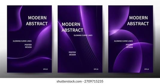 Modern Abstract Purple Wave Gradient With Neon Light On Dark Backgrounds Set.