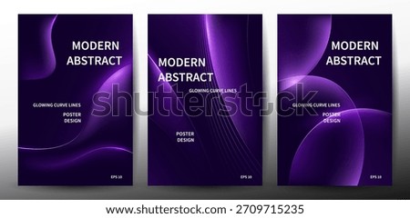 Modern Abstract Purple Wave Gradient With Neon Light On Dark Backgrounds Set.