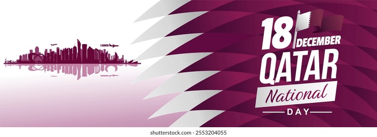 Modern abstract Qatar national day 18 december 2024 banner background with arabic text, Doha skyline and flag. Arabic translation: Qatar national day. Qatar vector illustration.