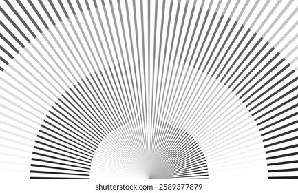 Modern Abstract Radial Arch of Black-and-White Lines Creating a Minimalist Optical Illusion with a Dynamic Curved Design