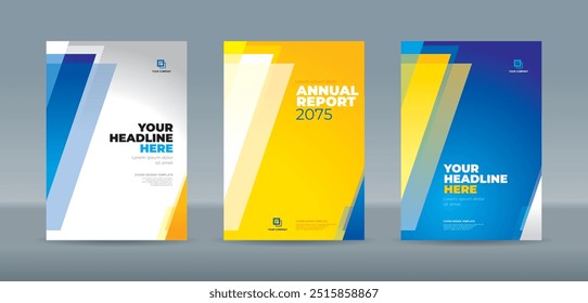 Modern abstract random transparent triangle on white yellow blue background. A4 size book cover template for annual report, magazine, booklet, proposal, portfolio, brochure, poster