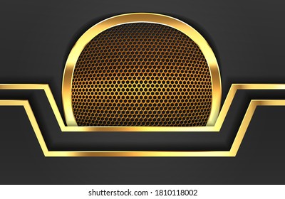 Modern abstract realistic black background with gold metal element. Geometric illustration of carbon sliced shapes textured with golden mesh.