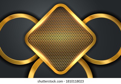 Modern abstract realistic black background with gold metal element. Geometric illustration of carbon sliced shapes textured with golden mesh.