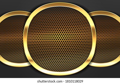 Modern abstract realistic black background with gold metal element. Geometric illustration of carbon sliced shapes textured with golden mesh.